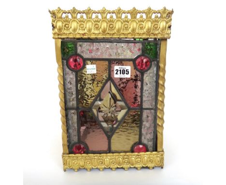 An Edwardian and later hall lantern, the gilt metal embossed square frame holding coloured and cut glass panels, 32cm x 23cm 