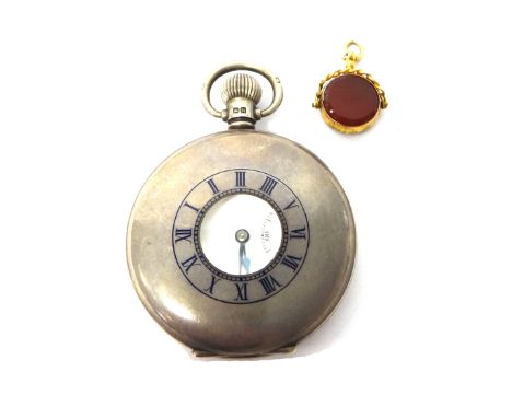 A gentleman's silver cased, keyless wind, half hunting cased pocket watch, with a jeweled lever movement, detailed Cyma, Swis