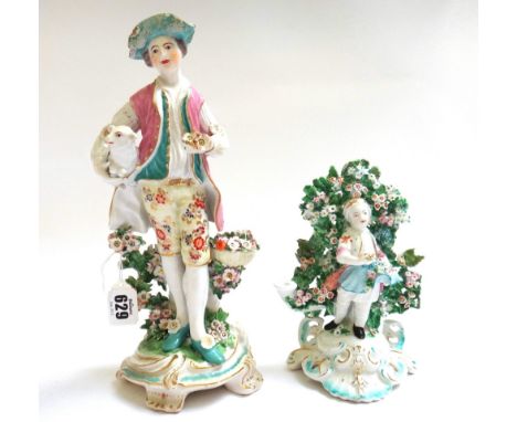 Two Derby porcelain figures, circa 1770, the first modelled as a youthful shepherd carrying a lamb and a posy of flowers, the