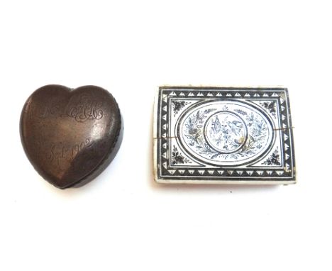 A Continental ivory, bone and mother of pearl inlaid hinged box, 19th century, 8.3cm wide, and a silver heart shaped trinket 