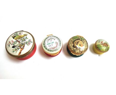 Two enamel egg shaped trinket boxes by Halcyon Days, a circular Halcyon Days enamel pot, another by Crummels and three by Bil