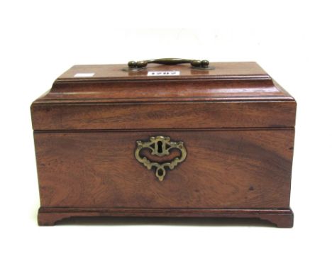 A George III mahogany rectangular tea caddy on bracket feet, 25cm wide.