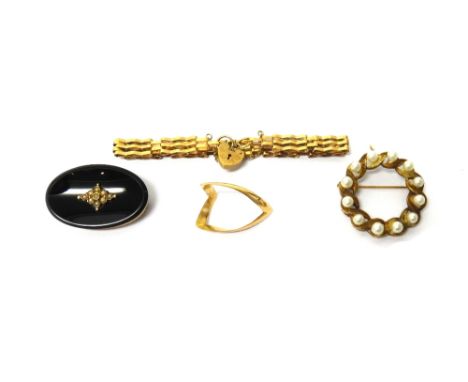 A Victorian gold and seed pearl set oval black onyx brooch, a gold and cultured pearl set circular pendant brooch, a 9ct gold