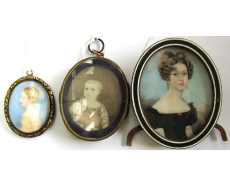 Mid-19th Century English school portrait miniature of a young woman wearing a black dress set in an enamelled strut-back fram