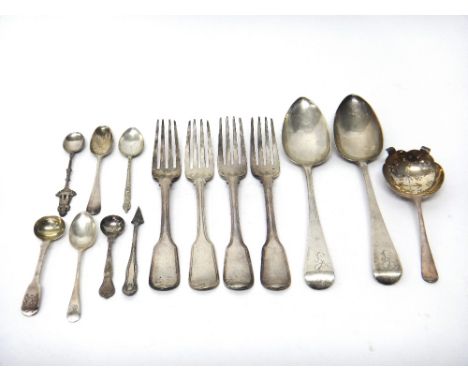 Silver table flatware, comprising; a pair of Old English pattern tablespoons, London 1816, two pairs of fiddle and thread pat