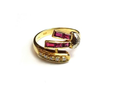An 18ct gold, ruby and diamond set ring, mounted with a row of three and a row of two baguette rubies, also a row  five and a