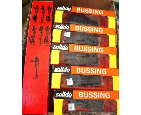 Five vintage Solido Berliet T12 die-cast tank transporters, boxed (a.f.) and five Solido armored vehicles, all boxed. (10)