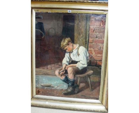 D. J. Davies (19th century), A boy whittling a stick, oil on canvas, signed with monogram, further signed and dated '89, 90cm