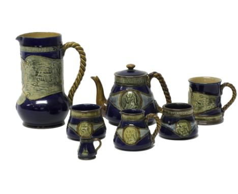 A quantity of Royal Doulton stoneware commemorative wares, all Lord Nelson (1758-1805), comprising; a lidded teapot, a large 