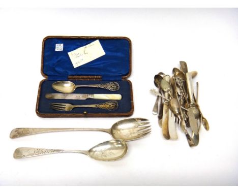 A silver composite three piece christening set, Sheffield 1910 and 1911, with a case, a pair of silver fiddle pattern sugar t
