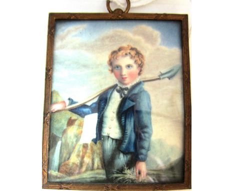 Early 19th century English school watercolour on ivory depicting a young boy in blue coat holding a spade and handful of stra