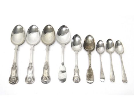 Silver table flatware, comprising; three Scottish single struck stylized King's pattern dessert spoons, Edinburgh 1860, a fid