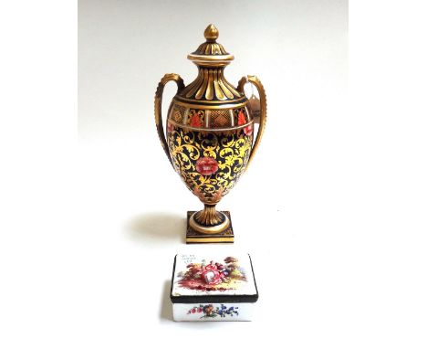 A Copeland porcelain vase, circa 1900, of two handled urn form, decorated in a gilt Imari pattern, 23cm high, and an enamel p