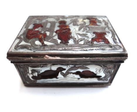 A Continental mother of pearl and enamel inlaid vanity box, early 19th century, with white metal mounts, the exterior decorat