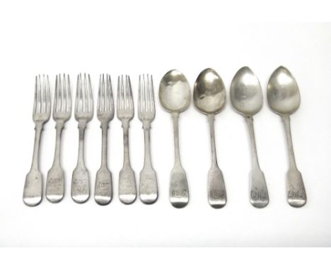 Silver table flatware, comprising; three pairs of fiddle pattern table forks, comprising; London 1804, 1813 and 1818 and two 