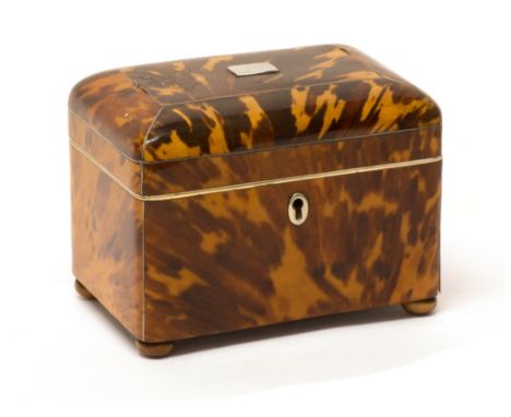 A Regency silver inlaid tortoiseshell rectangular tea caddy with twin lidded interior, 14cm wide.  Illustrated
 