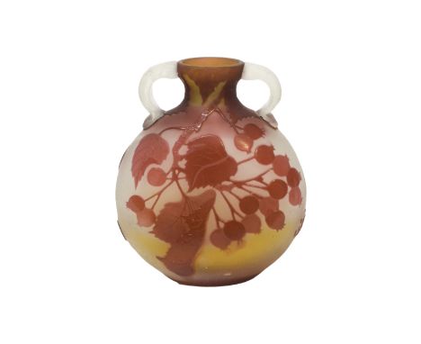 A Gallé cameo glass two handled moon flask vase, circa 1905, acid etched with branches of redcurrants, signed in cameo 'Galle