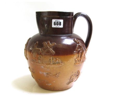 A group of brown stoneware jugs and mugs, and a mustard pot and cover, mostly sprigged with toper and hunting subjects, the l