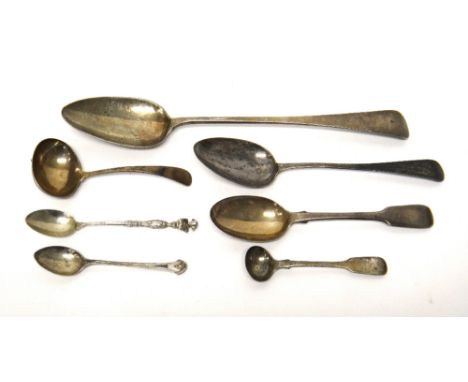 Silver, comprising; an Old English pattern basting spoon, London 1798, a sauce ladle, London 1934 and four various spoons, co