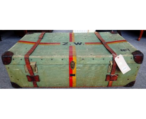 A green canvas and leather bound travel trunk, 20th century with painted red and yellow stripe initialled Z.W. (lady Anastasi