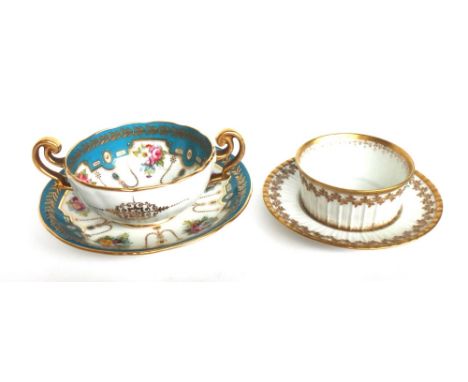 Twelve gilt decorated ramekins and saucers and a set of twelve Cauldon two handled cups and saucers with gilt foliate decorat