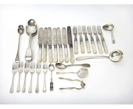 Silver, comprising; a Scottish sauce ladle, Edinburgh 1802, a sugar sifting spoon, Sheffield 1905, a Liberty & Co enamelled t