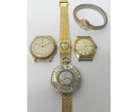 A gentleman's gold circular cased chronograph wristwatch, the silvered dial with Arabic numerals, centre stop seconds and wit