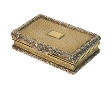 A silver gilt rectangular hinge lidded snuff box, gilt within, the exterior engine turned within floral, foliate and scroll m