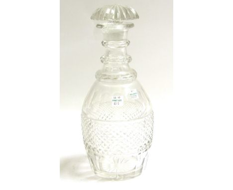 A Bohemian glass vase, 19th century, with engraved hunting scene, 16cm high, two 'triple ring' glass decanters and stoppers, 