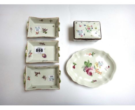 Three Meissen porcelain dishes 19th century, each foliate decorated against a rectangular ground, 9.8cm wide, a Vienna style 