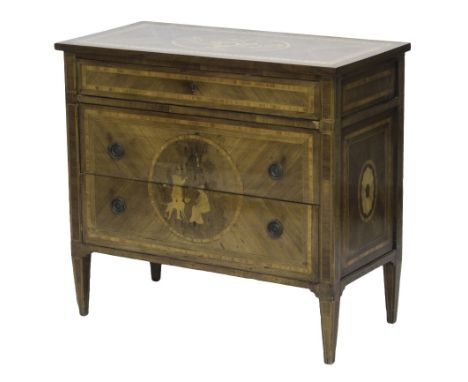 A late 19th century Italian marquetry inlaid walnut and rosewood three drawer commode on tapering square supports, 95cm wide.