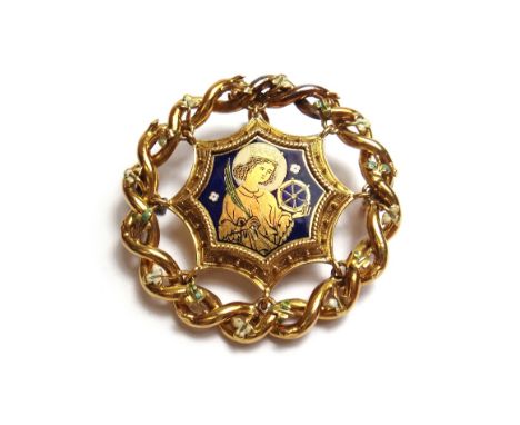 A gold and enamelled pendant brooch, the centre enamelled with the portrait of St Catherine within a beaded surround and with