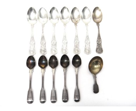 Five silver double struck fiddle and thread pattern egg spoons, London 1857, a silver fiddle pattern caddy spoon, probably Lo