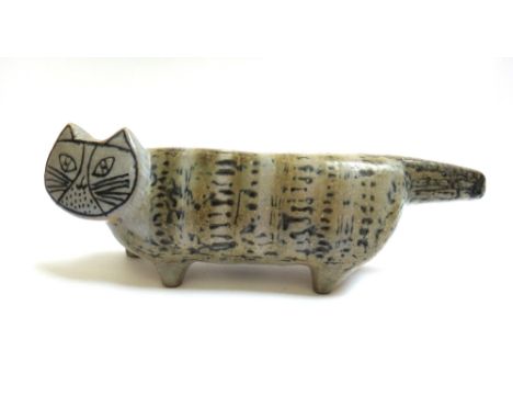 A Guvstavsberg Swedish pottery cat, Lisa Larson designed, of stylised form, 32cm wide.