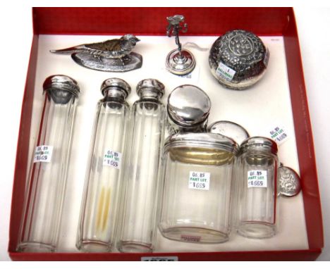 Silver and silver mounted wares, comprising; a ring stand, with a parrot finial, Birmingham 1922, a pin cushion frame, formed