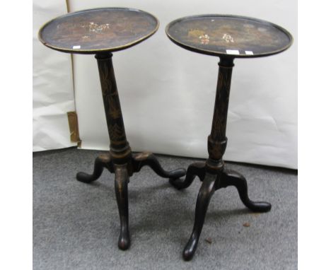 A near pair of 19th century black lacquer chinoiserie decorated tripod tables, 35cm wide & 36cm wide. 