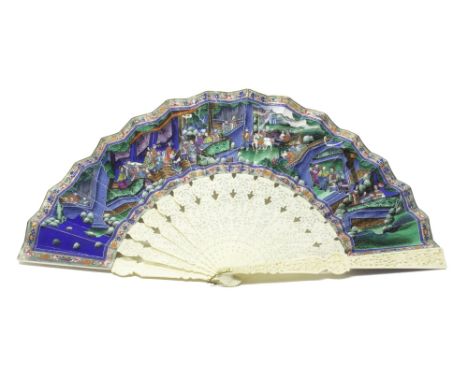 A Chinese paper fan, early 20th century, depicting a central cartouche of exotic birds and flowers with Oriental scenes to th