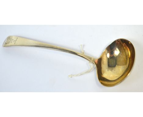 An George III hallmarked silver sauce ladle with engraved stag's mask and antler decoration to the terminal, Wildman Smith, L