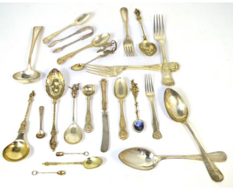 Two George III hallmarked silver forks, three matching teaspoons, a small matching ladle and a pastry fork, London 1838, a Ge