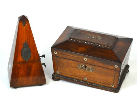 A 19th century rosewood two division tea caddy with mother of pearl decoration, width 22cm (af) and a Dulcet Swiss made metro