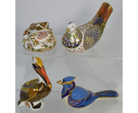 Four Royal Crown Derby paperweights, 'Brown Pelican' with gold stopper, 'Millennium Dove' a limited edition of 1500, with gol