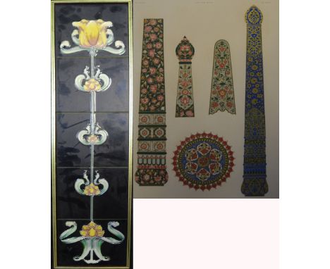 A mahogany frame containing a panel of five tiles with Art Nouveau floral design, 74 x 15cm and a lithograph of, 'Specimens o