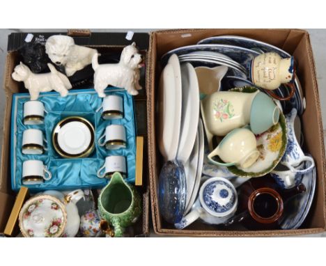 Two boxes of ceramics to include a Coalport cased six piece coffee set, a Poole coffee pot and milk jug, a Poole kidney shape