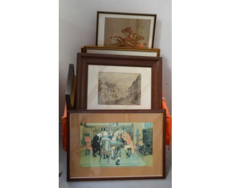 Approximately twenty prints and etchings to include hunting scenes, gentlemen in 19th century inns, Victorian scenes etc, all