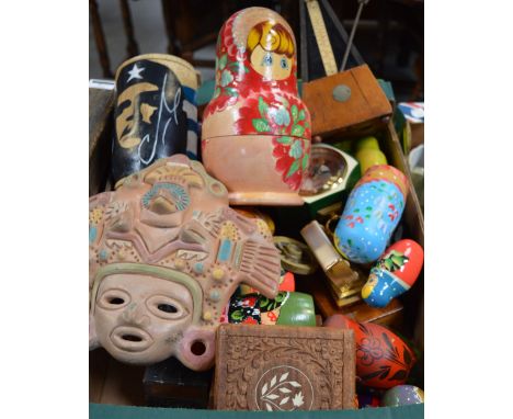 A collection of treen to include carved boxes, a metronome, jewellery boxes, tankards, etc.