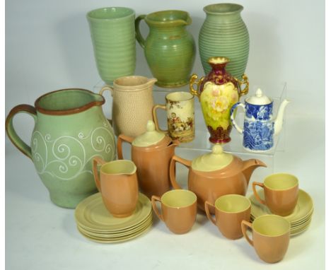 Two boxes of ceramics to include a large Denby jug decorated with slip ware, various stoneware jugs and vases, a Royal Bon tw