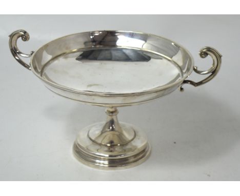 A silver plated Walker & Hall twin handled bowl raised on stepped rounded base.