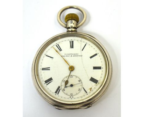 A hallmarked silver crown wind open face pocket watch, the enamel dial set with Roman numerals and subsidiary seconds hand an