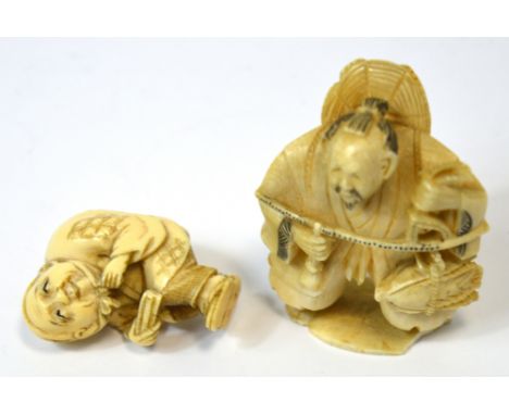 A Japanese Meiji period carved ivory netsuke modelled as a hunched figure, signed, height 4cm and a further Japanese Meiji pe