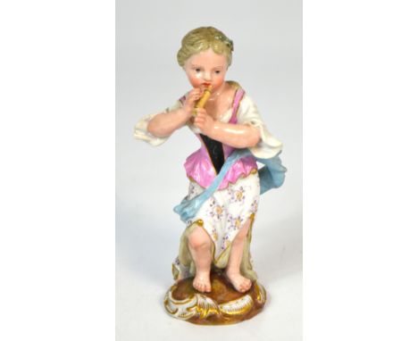 A late 19th century Meissen porcelain figure of a young woman playing a piccolo, painted marks and incised marks to base, hei